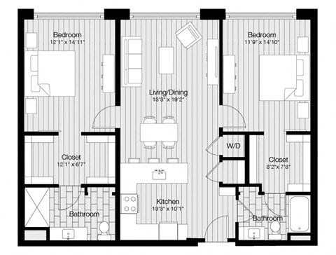 Floor plan for 2 beds, 2 baths, 1183 sqft